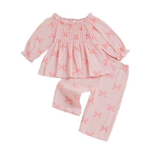 Pink Scrunch Bow Linen Bubble Sleeve Set