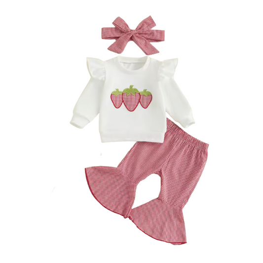 White Embroidered Strawberry Gingham Bell Set