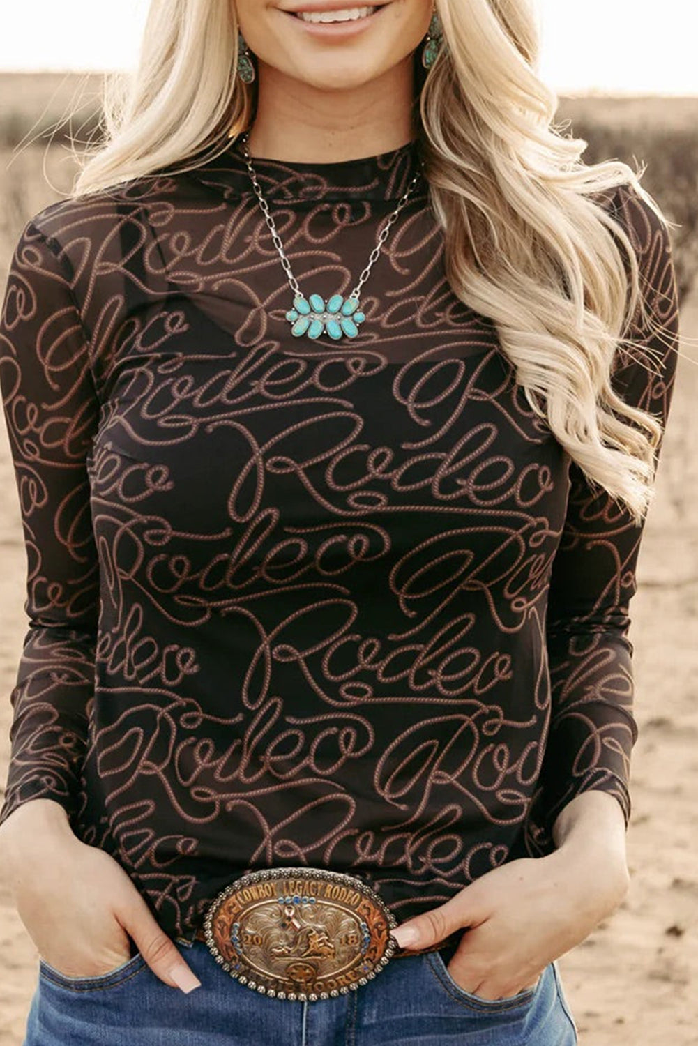 Black Western Rodeo Printed Mock Neck Long Sleeve Mesh Top