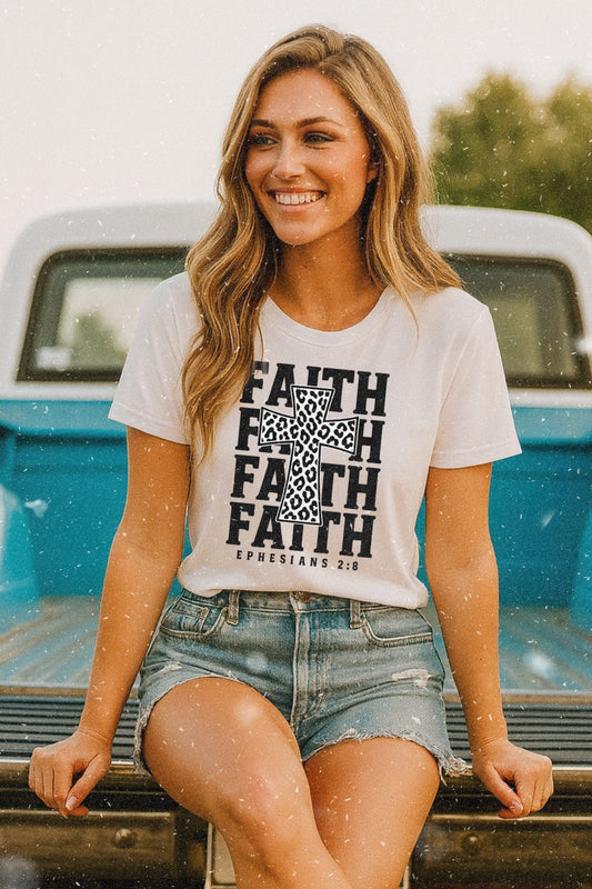 Faith Leopard Cross (Ephesians 2:8) Graphic on Gildan Softstyle White Shirt – Graphic Tee, Long Sleeve & Crewneck.
