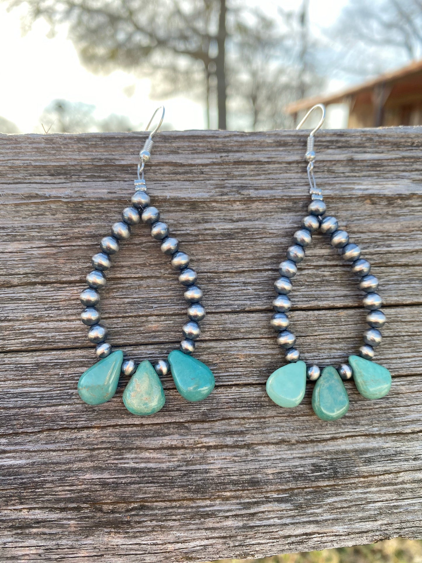 Teardrop turquoise and Sterling Silvers Pearls earrings