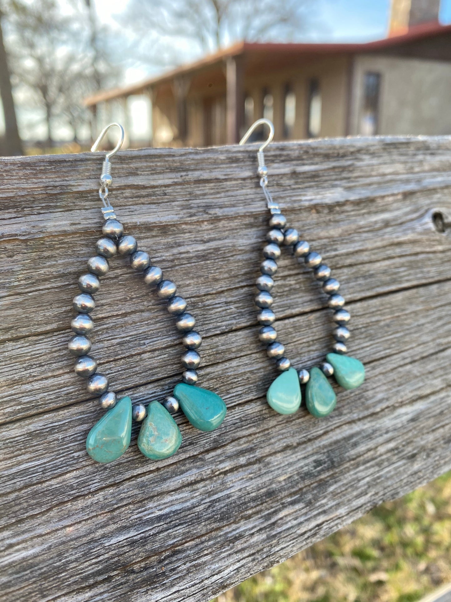 Teardrop turquoise and Sterling Silvers Pearls earrings