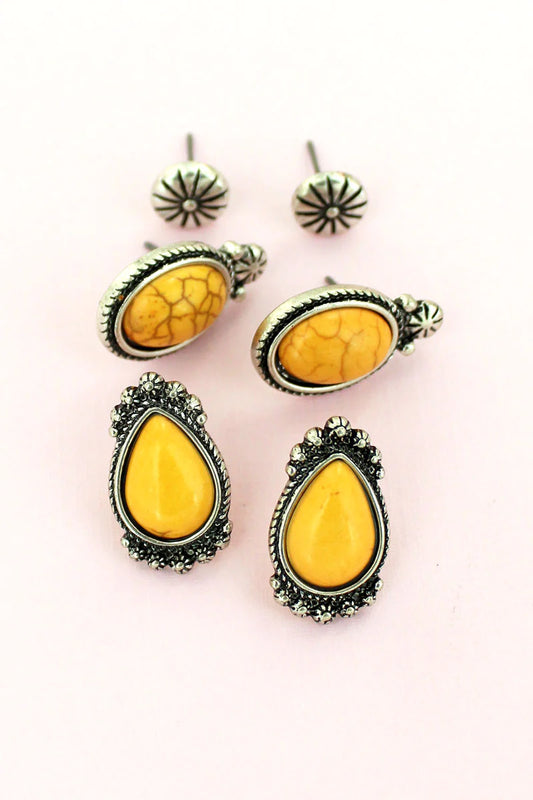 Western Framed Teardrop and Oval Yellow Stone Stud Earrings 3 Pack